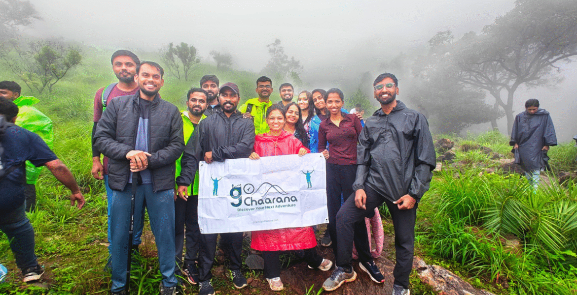 Bandaje Waterfalls in full flow during monsoon trek with goChaarana